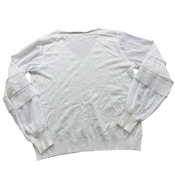 Sioni Milano‎ Women's White Long Sleeve V-Neck Pleated Sleeve Sweater - Picture 2 of 7